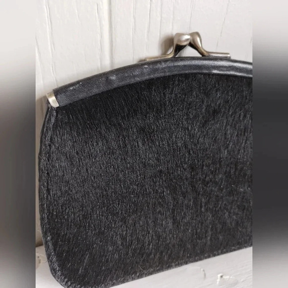 Fossil Wallet Clutch in Black Party Evening Wallet Leather Fur Kisslock - Picture 2 of 6